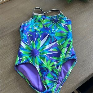 Dolphin Uglies   size 16 girls swimsuit patterned in blue, green, purple